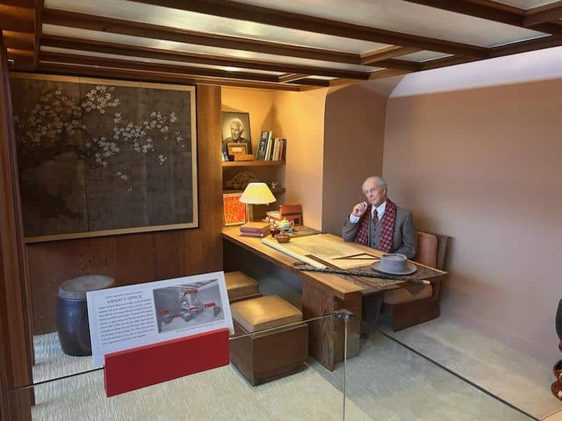 Frank Llyod Wright at his desk at the Field Office Museum at Hagen History Center in Erie, Pa