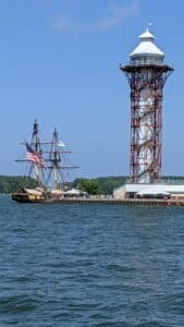 Bicentennial Tower overlooking Presque Isle Bay with the U.S. Brig Niagara docked along Erie’s waterfront