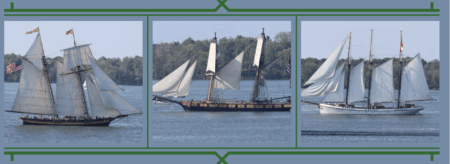 Three historic tall ships sailing on Lake Erie near Erie, Pennsylvania, photographed during a maritime event close to Spencer House Bed & Breakfast.
