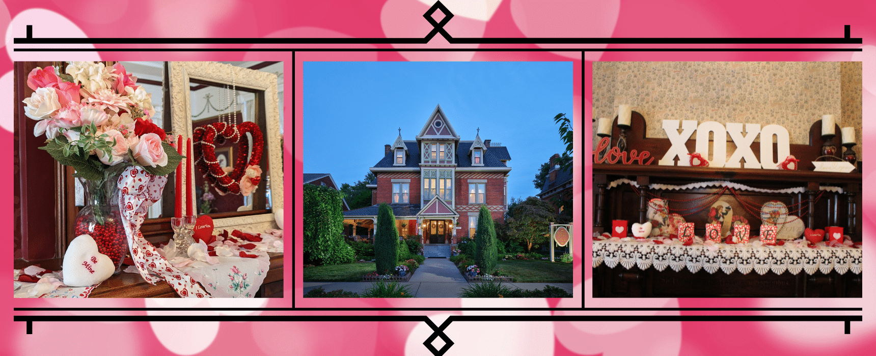 Photo Collage with pictures of romantic mantel decorations and a front view of Spencer House Bed & Breakfast in Erie, PA