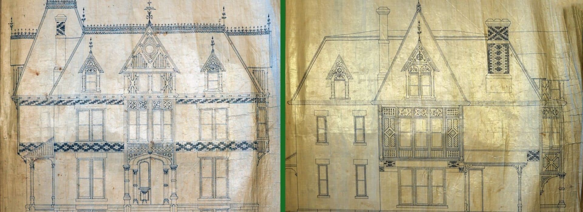 Original 1876 architectural elevation drawings of Spencer House by architect David Dean, showing the front and side facades with their Gothic gables, dormers, chimneys, and ornamental ironwork