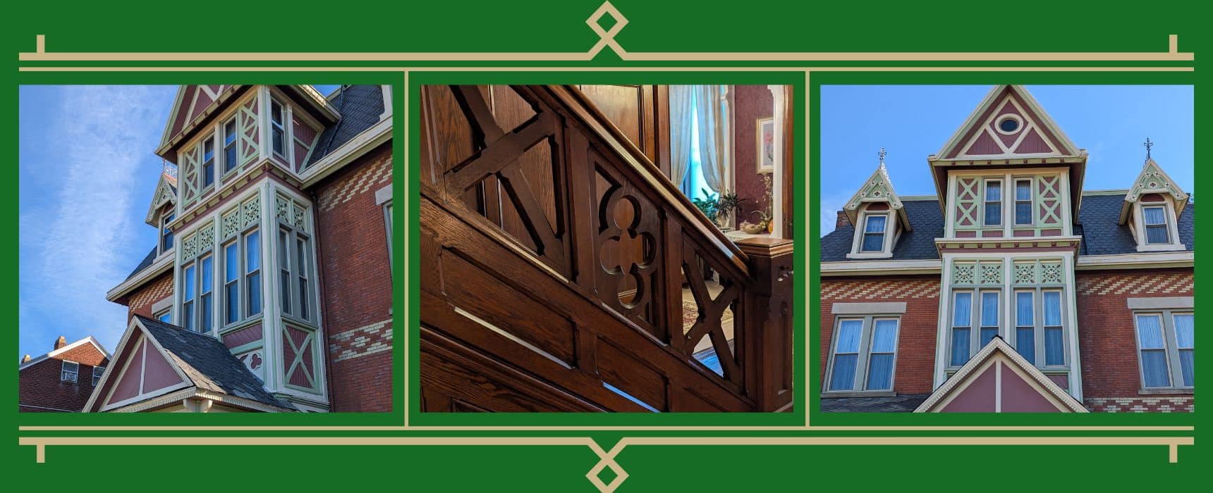 Collage of Spencer House’s in Erie, PA's Victorian Stick style woodwork: two exterior views of carved gables and dormers with diagonal wood stickwork trim in green, cream, and red against the red brick facade, and a close-up of the interior staircase banister carved with matching diagonal bracing and a quatrefoil cutout.