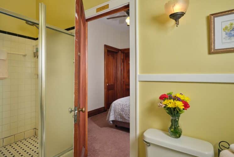 Bathroom with yellow walls, a toilet and walk in shower, looking into the adjacent bedroom