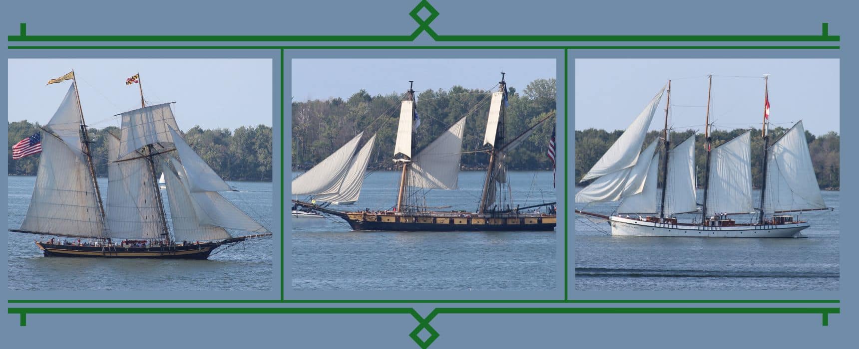 Photos of 2 dark color ships with yellow strips and white sails and 1 white ship with white sails for Tallships Erie, Pa.