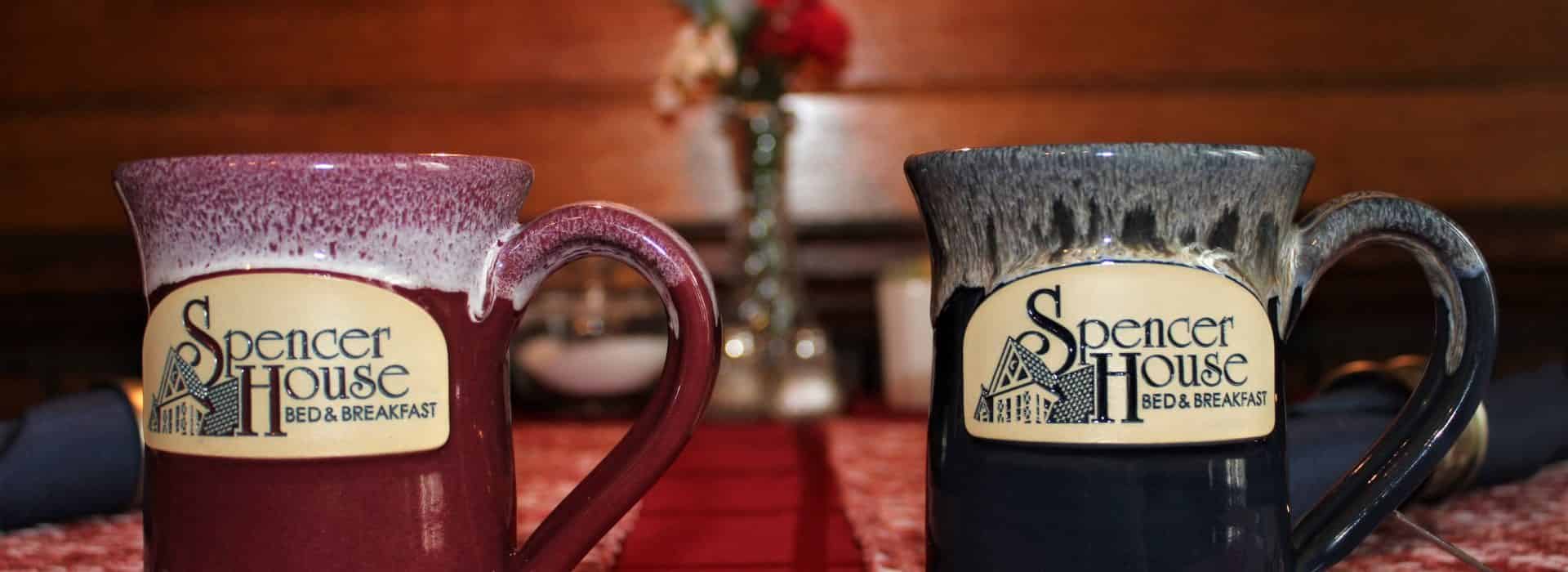 Close up view of a red and blue stoneware mug with Spencer House Bed & Breakfast logo